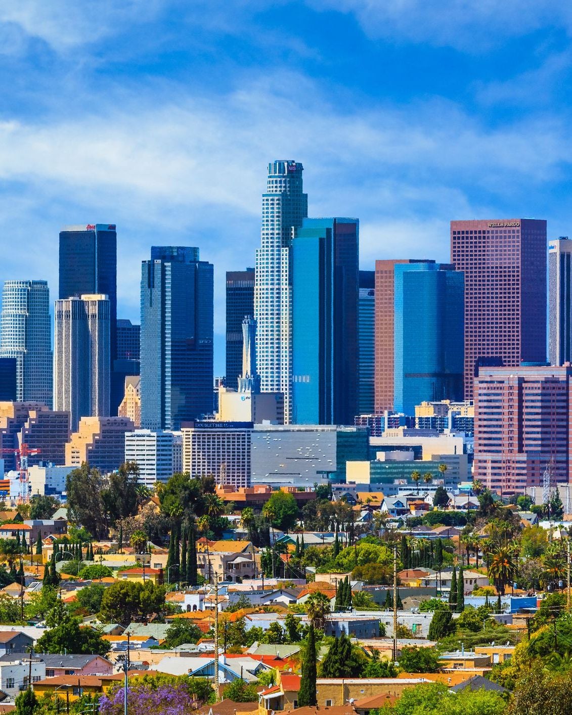 Los Angeles skyline with skyscrapers and residential homes under a blue sky.