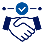Two hands shaking, with a blue checkmark inside a circle above them, signifying agreement or partnership.