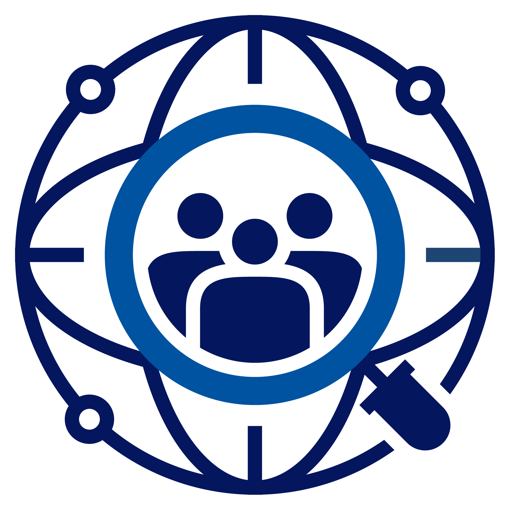Magnifying glass over stylized globe with three people icon, digital network connection